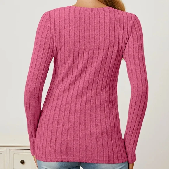 Pink Ribbed V-Neck Long Sleeve Knit Top – Slim Fit Lightweight Sweater - Picture 2 of 3